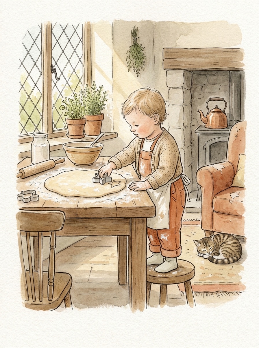 Illustration: ein Kind sticht in einer gemütlichen Küche Plätzchen in Sternform aus