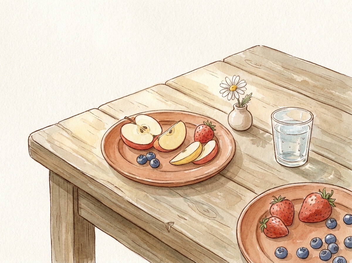 Illustration: frisches Obst — Apfelspalten, Erdbeeren und Blaubeeren — auf Terracotta-Tellern auf einem Holztisch