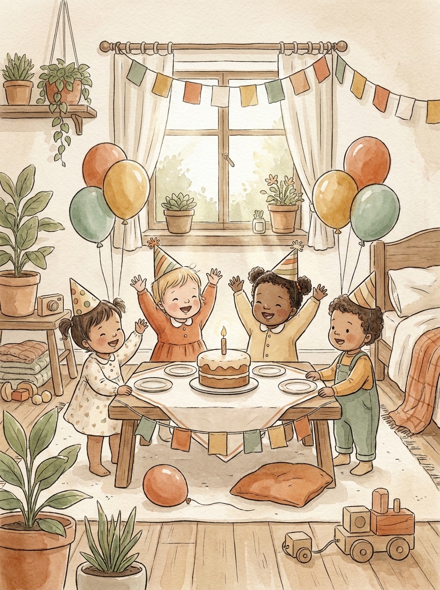 Illustration: fröhliche Kinder feiern mit Luftballons, Girlanden und Partyhüten