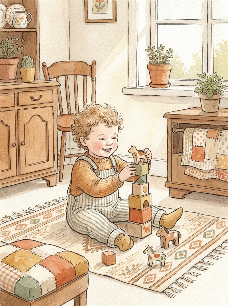 Märchenhafte Illustration: ein Kind spielt vertieft mit bunten Holzbausteinen auf dem Teppich