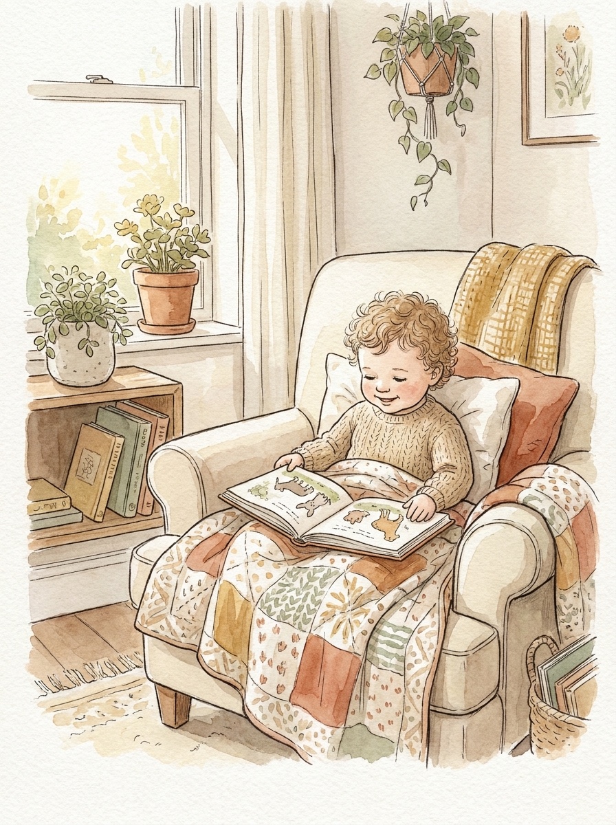 Illustration: ein Kind kuschelt sich unter eine Decke und schaut ein Bilderbuch an
