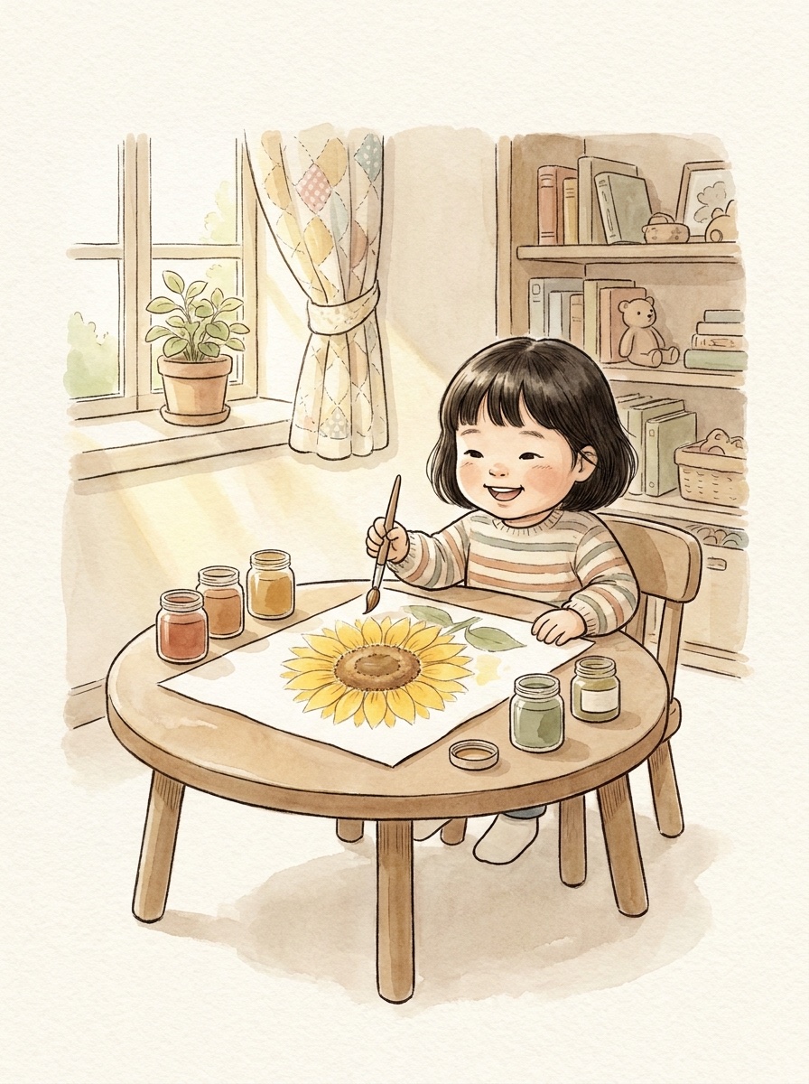 Illustration: ein Kind malt am kleinen Tisch mit Pinsel und Farben ein Bild