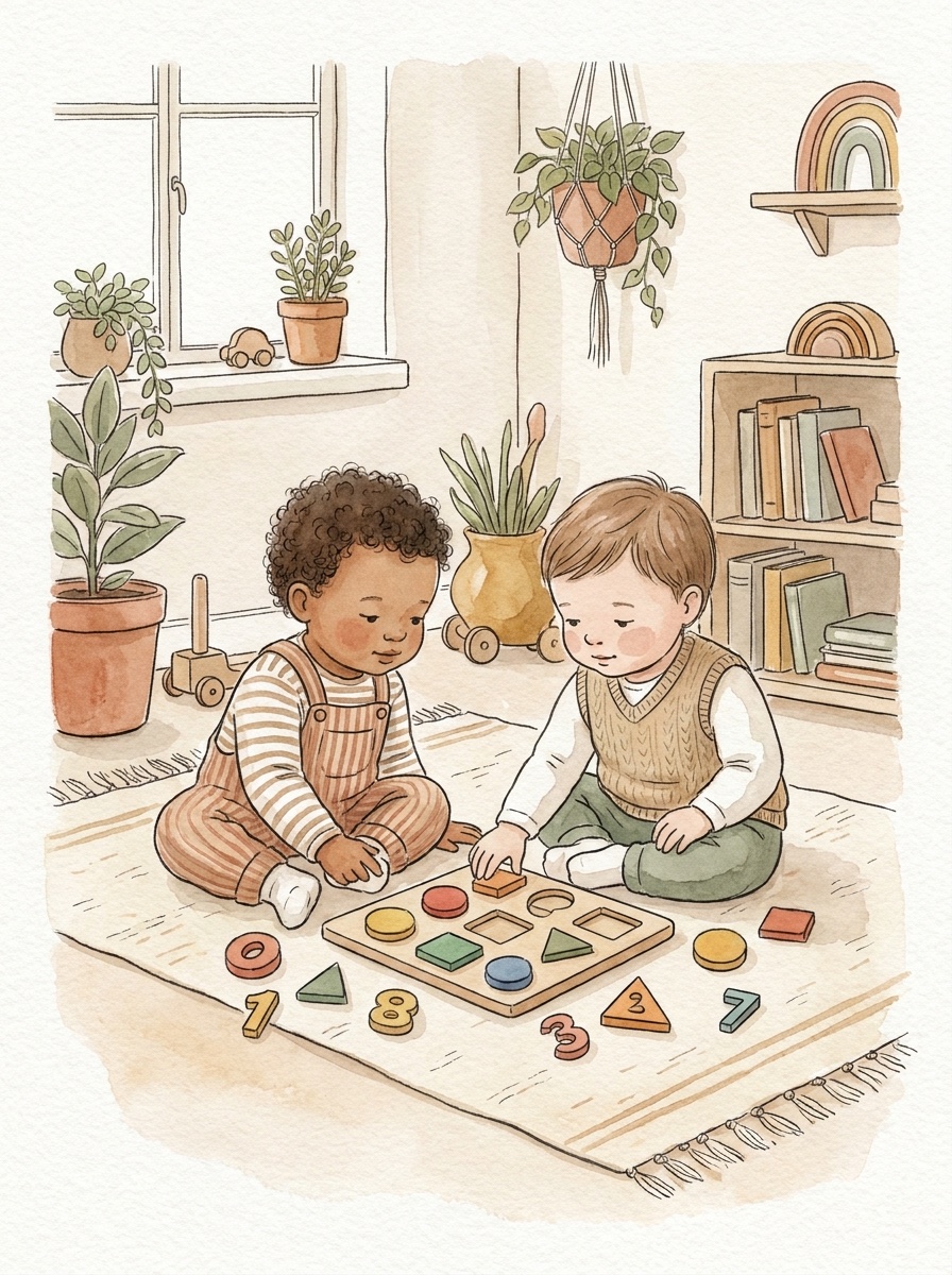 Illustration: zwei Kinder spielen gemeinsam mit einem Holz-Zahlen- und Formenpuzzle