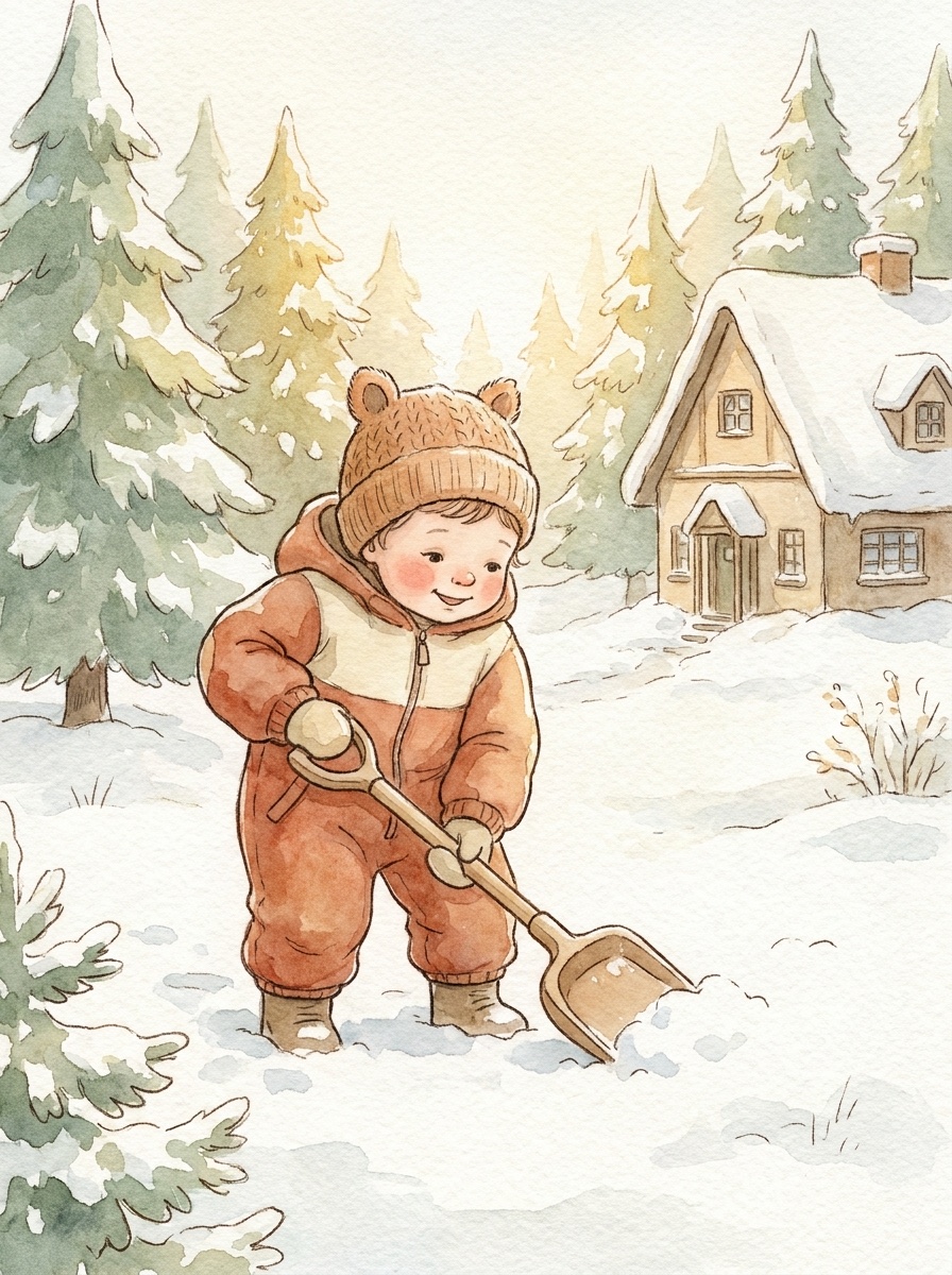Illustration: ein lachendes Kind im Schneeanzug spielt vor einem verschneiten Häuschen im Schnee