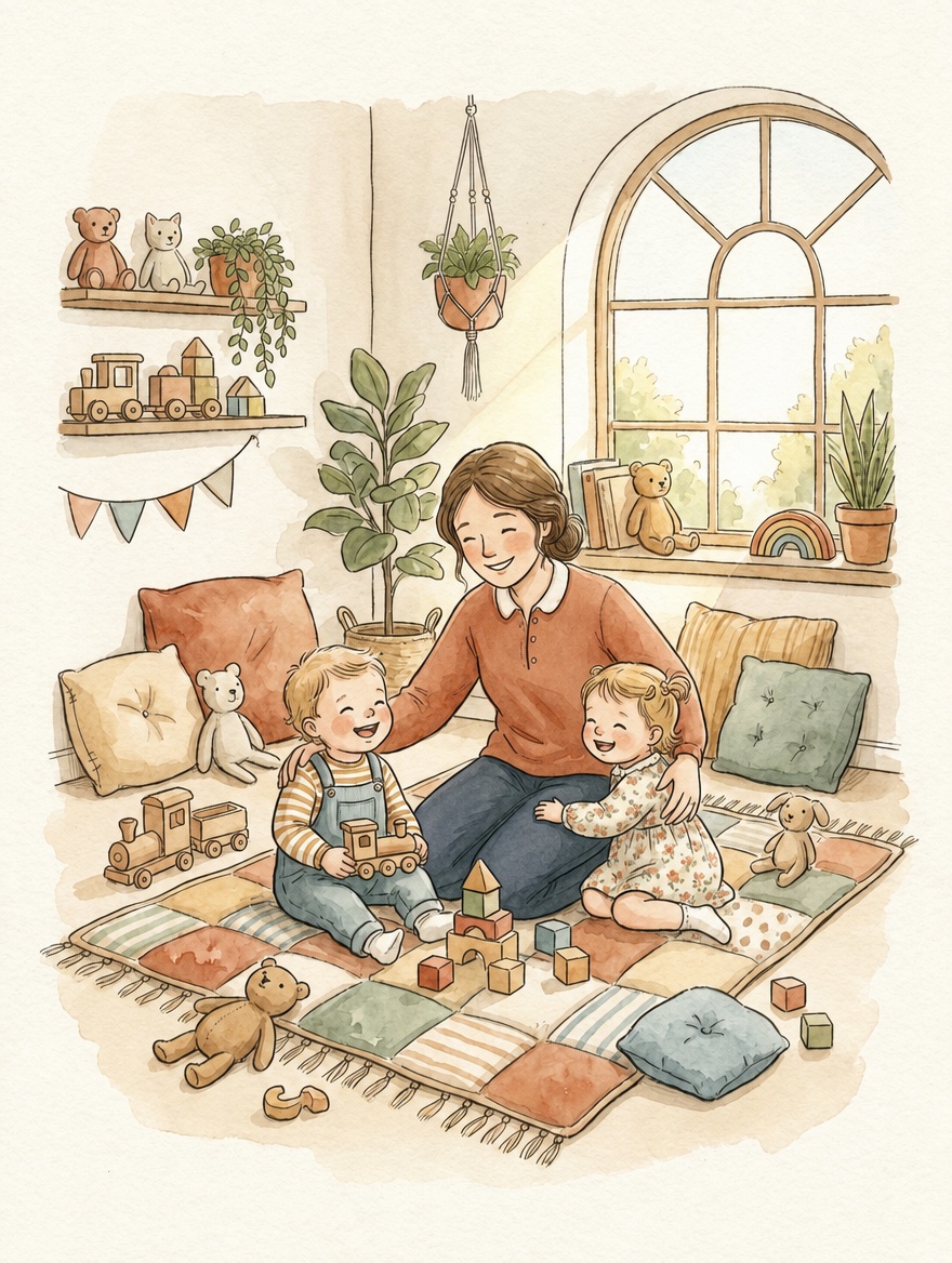 Illustration einer warmherzigen Tagesmutter, die mit zwei fröhlichen Kleinkindern auf einem Spielteppich spielt