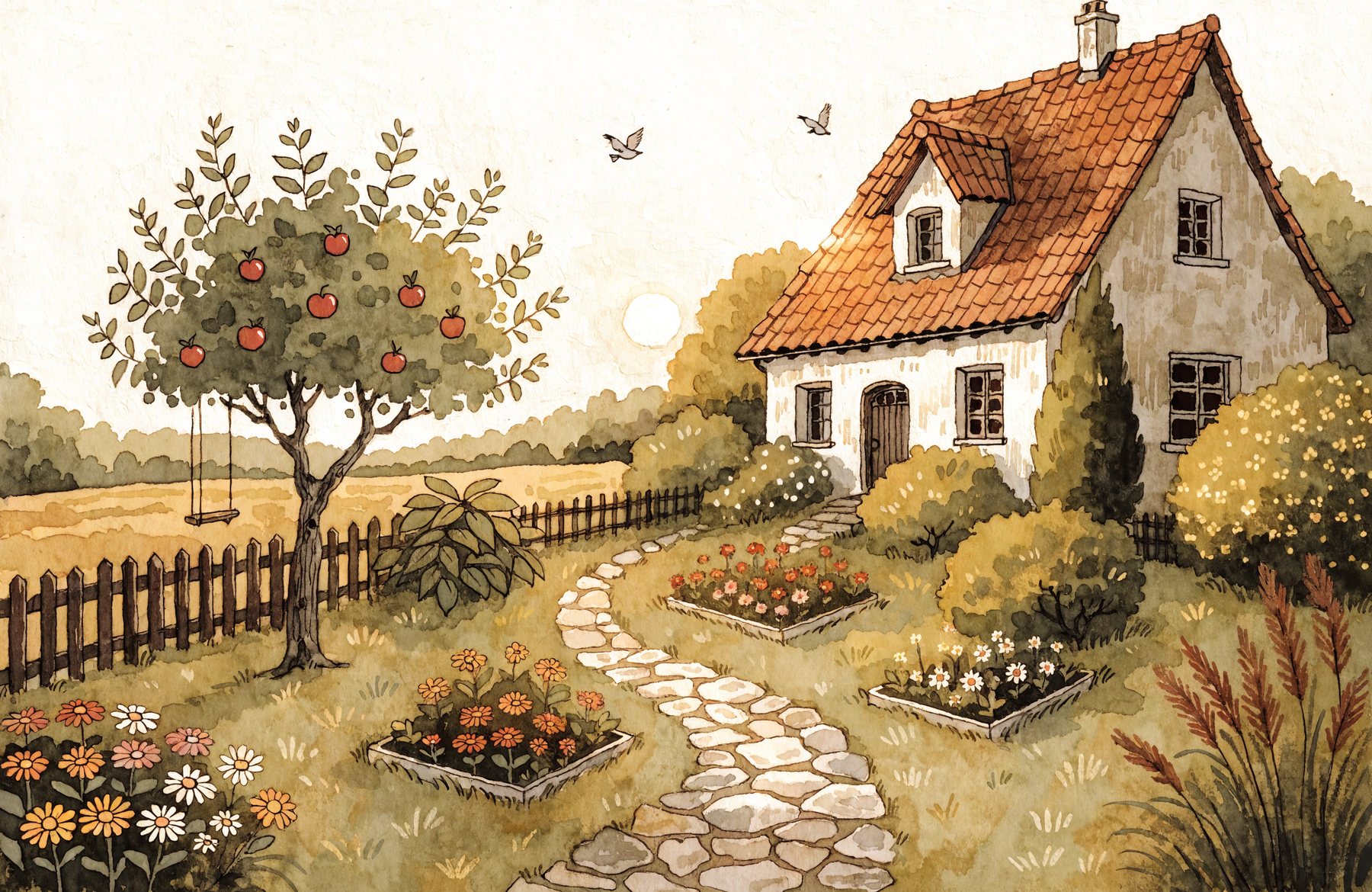 Liebevolle Illustration eines gemütlichen Hauses mit Garten, Apfelbaum mit Schaukel und Blumenweg
